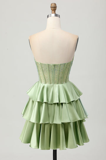Corset A Line Strapless Tiered Beaded Green Homecoming Dress